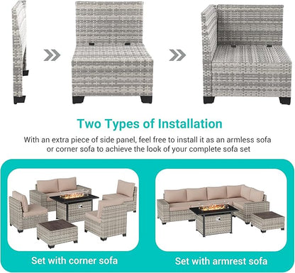 7-Piece Outdoor Patio Furniture Set with 55,000 BTU Fire Pit Table, PE Wicker Rattan Sectional Sofa Patio Conversation Set with Thickened Cushions & Coffee Table, Sand