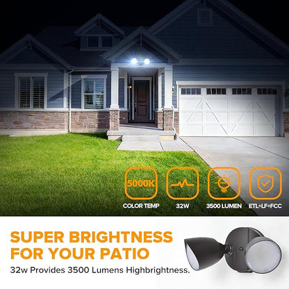 LUTEC 3500 Lumen 32 Watt 28 LED Dual-Head Floodlight Outdoor, Full Metal Design, Waterproof Exterior Security Wall Light for Patio, Garden, Yard-Brown