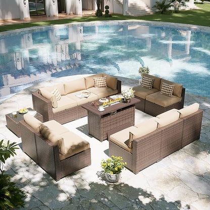 Aoxun Patio Furniture Set with Fire Pit Table, 12 Piece Outdoor Sectional Sofas, 10 Seats Wicker Outdoor Furniture with Thickened Cushion for Backyard, Garden (Brown Rattan Begin Cushions)