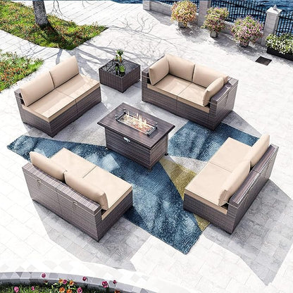 Kullavik 10 Pieces Outdoor Patio Furniture Set with 43" 55000BTU Gas Propane Fire Pit Table PE Wicker Rattan Sectional Sofa Patio Conversation Sets,Khaki