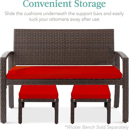 Best Choice Products Set of 2 Wicker Ottomans, Multipurpose Outdoor Furniture for Patio, Backyard, Additional Seating, Footrest, Side Table w/Removable Cushions, Steel Frame - Brown/Red