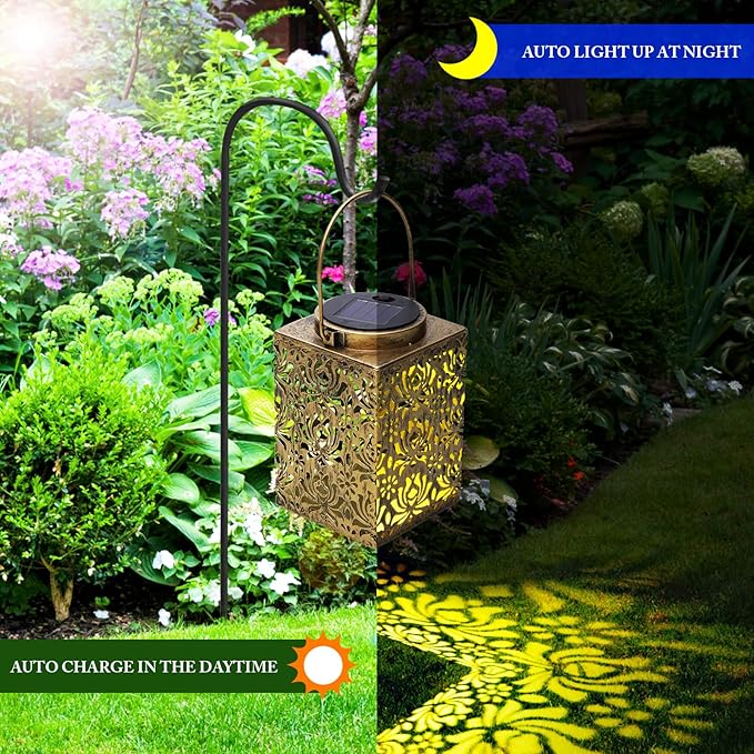 Lanterns, 2 Pack Bronze Metal Solar Outdoor Hanging Light Set