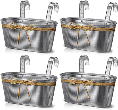 Hicarer 4 Pcs Metal Hanging Flower Pots, 10.6 Inch Vertical Grained Metal Color Outdoor Hanging Planters Window Plant Holder with Detachable Hooks for Railing Fence Balcony Garden Yard