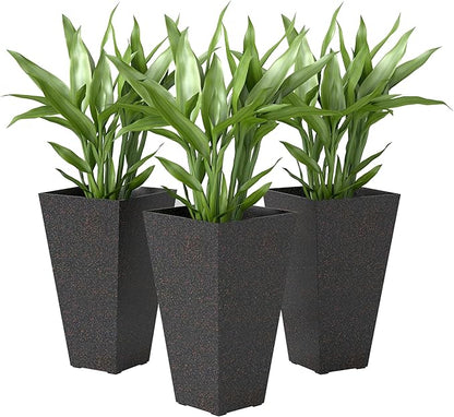 Outsunny 28 Inch Tall Planters for Outdoor Plants, Set of 3 Plastic Flower Pots with Marble Finish and Drainage Holes, Stackable Tapered Large Planters for Indoor Plants, Front Porch Decor, Brown