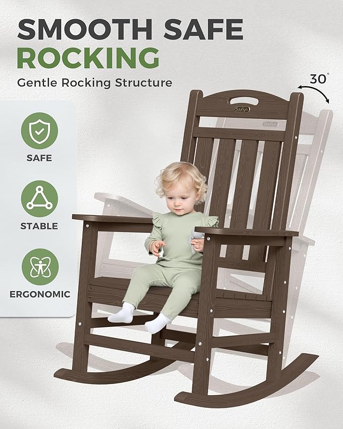 Outdoor Rocking Chair, Brown, 30-Inch High Back, 380 lb Capacity