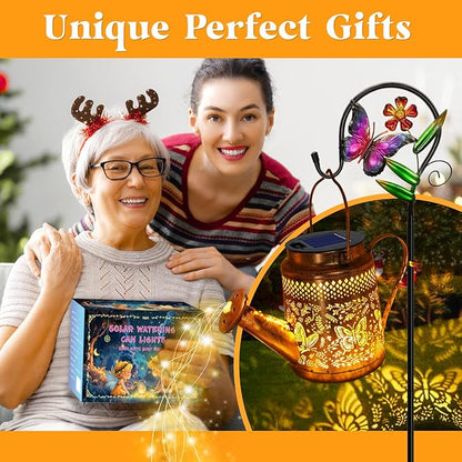 Solar Powered Butterfly Watering Can Lights Waterproof Outdoor Garden Decor with Shepherd Hook Hanging Patio Lights for Yard, Porch, Backyard Perfect Gardening & Christmas Gift for Women, Mom, Grandma