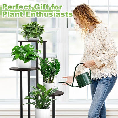 5 Tier Wood Tall Plant Stand Metal Rack Indoor, Multiple Flower Pot Holder Shelves Corner Rack, Round Planter Shelf Display Rack Storage Organizer for Patio Living Room Balcony(Black Oak)