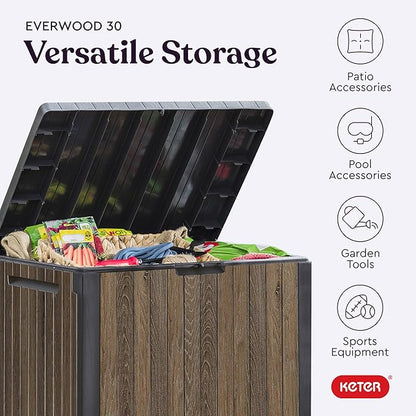 Keter Signature Everwood 30 Gallon Resin Deck Box for Outdoor Storage – Weather‑Resistant Balcony & Patio Box for Cushions, Throw Pillows & Garden Tools, Walnut
