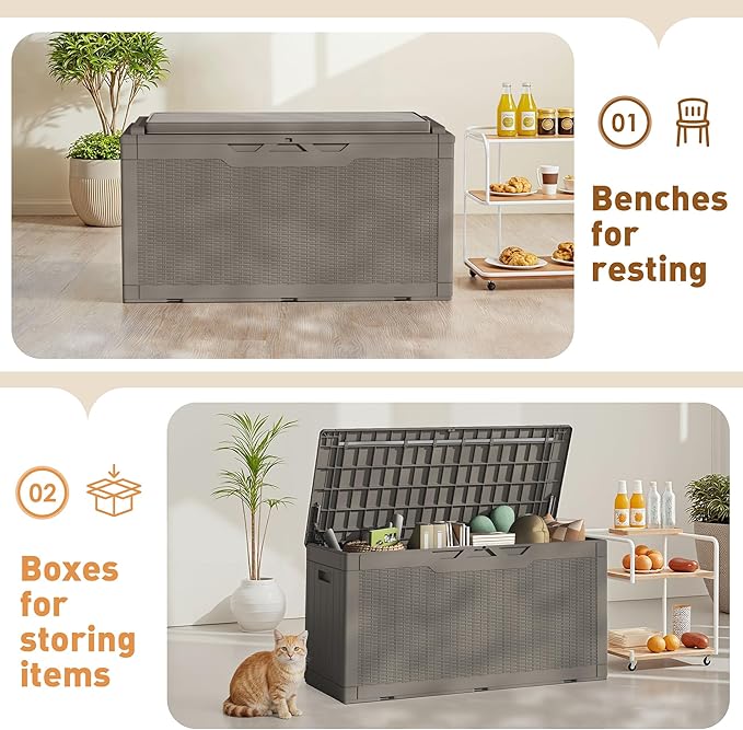 Storage Bench Resin Deck Box, 100 Gallon Lockable, Light Coffee