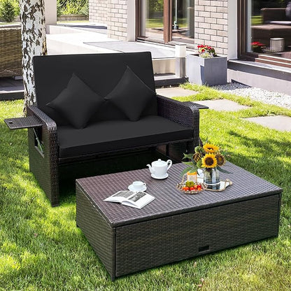Nightcore Wicker Patio Outdoor Daybed, Outdoor Chaise Lounger w/ 4-Level Adjustable Backrest, Retractable Side Trays, Storage Ottoman, Comfortable & Removable Cushions, Rattan Loveseat (Black)