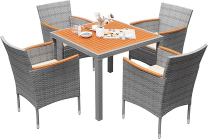 Devoko 5 PCS Furniture, Patio Conversation Set with Acacia Wood Top, Rattan Outdoor Dining Table and Chairs for Backyard, Garden, Deck, Grey