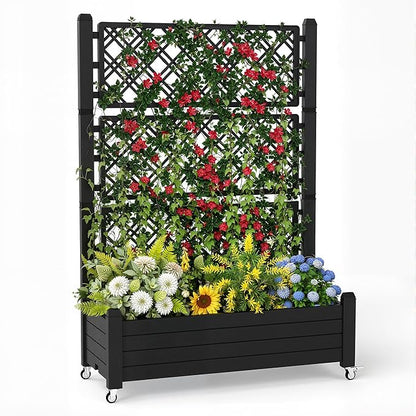 Raised Garden Bed with Trellis, 21 Gallon Self Watering Planter Box with Lockable Wheels & Drainage Holes for Climbing Plants Vegetables Flowers, Anti-Rust Resin for Backyard Patio (Black)