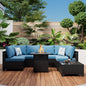8 Piece Patio Furniture Set with Fire Pit Table, Rattan Outdoor Sectional Sofa, Durable Conversation Set for Backyard, Garden, Deck (Coffee/Peacock Blue)