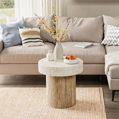 COSIEST Outdoor Medium Side Table, Patio Coffee Table, 19.7 inches Round MgO End Patio Stool with Faux Wooden Pedestal Base, Garden, Backyard, Antique Beige
