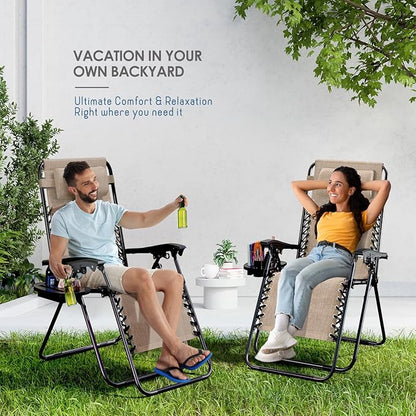 Nestl Zero Gravity Chairs, Portable Patio Lounge Chair Outdoor with Pillows & Cup Holder Trays, Adjustable Steel Mesh Reclining Camping Chair, Folding Patio Lawn Chair for Deck, Beach, Yard - Beige
