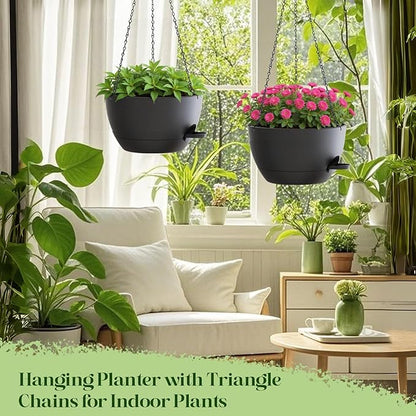 2 Pack 10 Inch Self Watering Hanging Planters for Indoor Plants, Large Black Plastic Hanging Pots with Chains for Outdoor Patio Garden Home Decor (Black)
