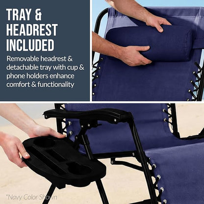 Best Choice Products Set of 2 Extra Wide Adjustable Steel Mesh Zero Gravity Lounge Chair Recliners w/Pillows and Cup Holder Trays - Mediterranean Blue Stripes