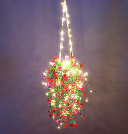 Comtelek Artificial Flowers for Outdoors Fake Hanging Plants with Lights, 4pcs Silk Flowers UV Resistant Realistic Hanging Planter Faux Flower for Outside Porch Patio Home Garden Yard Decor