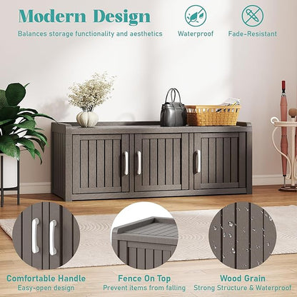 2-Tier Storage Bench, Waterproof UV-Resistant Outdoor Shoe Storage Cabinet with 3 Doors & Adjustable Shelves for Indoor Outdoor Entryway, Hallway, Living Room (Grey)