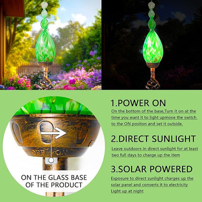 Solar Garden Lights Outdoor, Decorative LED Flame Garden Stakes, Hand Blown Glass and Outdoor Waterproof Glass Stakes (Green)
