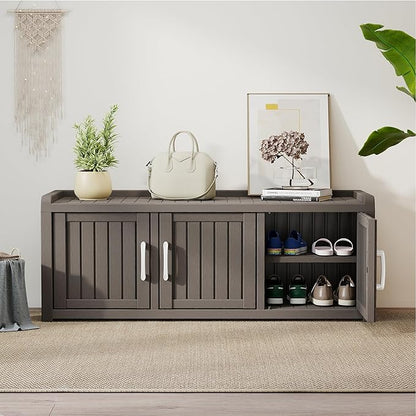 2-Tier Storage Bench, Waterproof UV-Resistant Outdoor Shoe Storage Cabinet with 3 Doors & Adjustable Shelves for Indoor Outdoor Entryway, Hallway, Living Room (Grey)