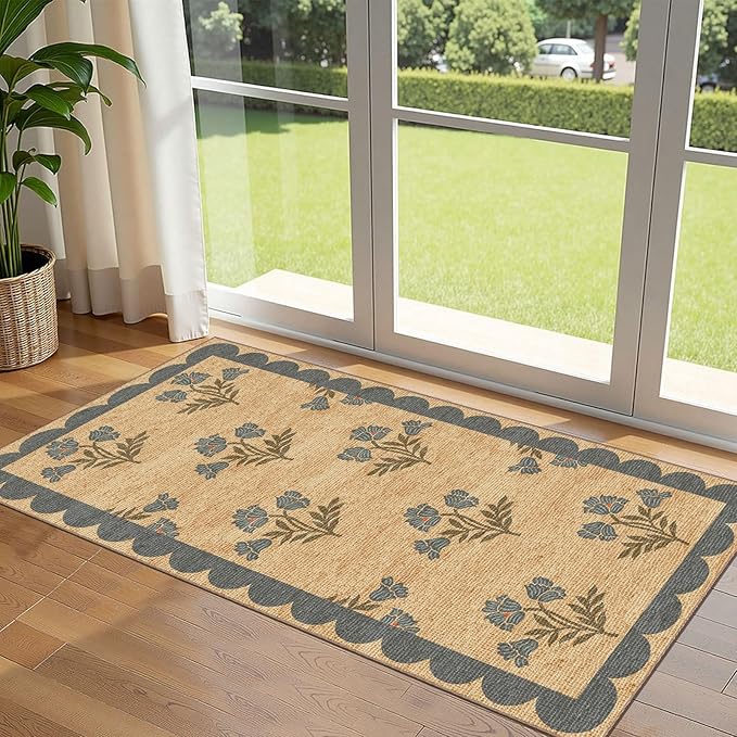 Outdoor Rug Door Mat – Blue Floral Entryway Rug, 2 x 4 ft 3 in