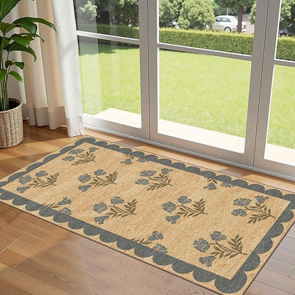 Outdoor Rug Door Mat – Blue Floral Entryway Rug, 2 x 4 ft 3 in