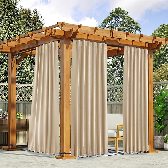 NICETOWN 2 Panels Outdoor Curtains for Patio Waterproof, Top & Bottom Fixed Waterproof Outdoor Drapes with Free Rope, Privacy Sun Blocking Shades for Gazebo, Pergolas, Biscotti Beige, W52 x L84