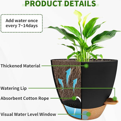 12/10/9/8 inch Self Watering Pots with Visual Water Window, Extra Large Self Watering Plant Pot with Drainage Holes and Saucers, Black Flower Pots for Indoor Plants