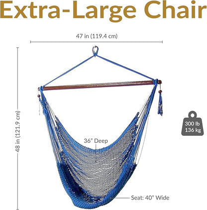Sunnydaze Outdoor Hammock Chair Swing - Hanging Hammock Swing - Hanging Reading Chair - Soft-Spun Polyester Rope - Caribbean XL - Blue