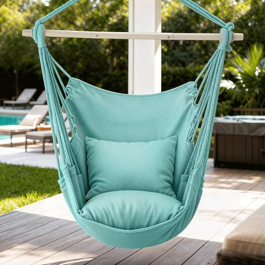 Hammock Chair with Macrame Boho Rope Swing, 2 Cushions, Sea Green