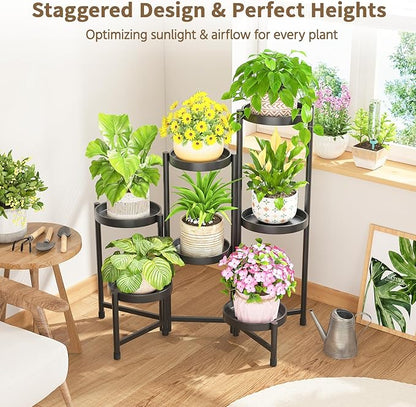 LASZOLA 7 Tiered Folding Tall Plant Stand Indoor for Multiple Large Planter, Heavy Duty Metal Adjustable Flower Rack for Narrow Corner, Sturdy Vertical Spiral Shelving Holder for Modern House, Black