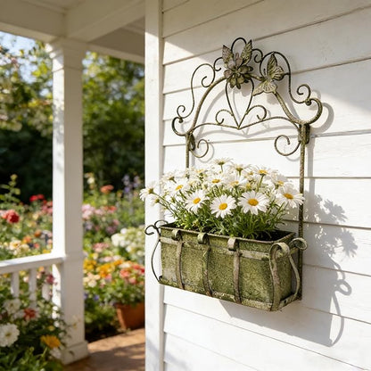 Rustic Metal Wall Planter Vintage Wall Mounted Flower Pot Farmhouse Distressed Wall Hanging Plant Basket with Floral & Butterfly Decor for Indoor Outdoor Garden Home Yard (Green#2)