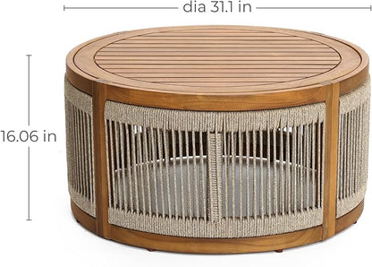 LuxenHome Outdoor Coffee Table, 31'' Acacia Wood Rope Drum Round Sides Patio Tables, Modern Farmhouse Garden Coffee Table, Outdoor Furniture for Porch, Balcony, Outside Furniture