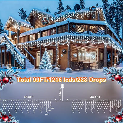 String Lights 100ft, 1216 LED Cool White, 8 Lighting Modes, IP44 Outdoor