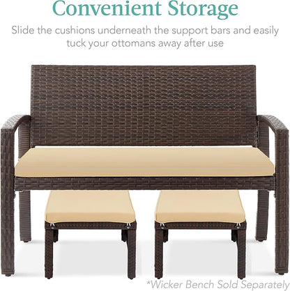 Best Choice Products Set of 2 Wicker Ottomans, Multipurpose Outdoor Furniture for Patio, Backyard, Additional Seating, Footrest, Side Table w/Removable Cushions, Steel Frame - Brown/Tan