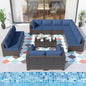 ALAULM Patio Furniture Set with Coffee Table, 14 Pieces Outdoor Sectional with Wide Seat and Thick Cushion, All Weather Wicker Rattan Conversation Set for Backyard, Garden, Deck, NavyBlue
