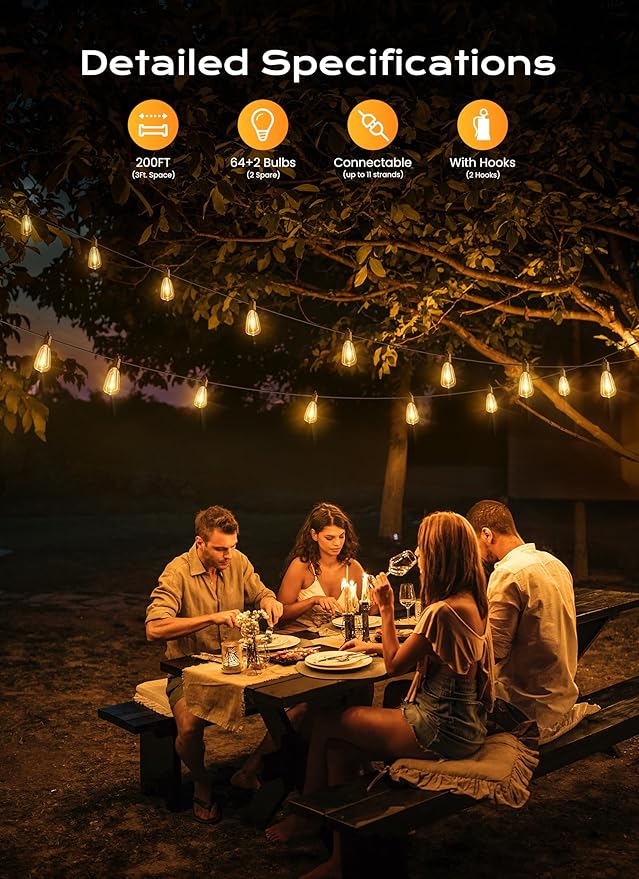String Lights, 200 FT Black Patio Strand with 64 Warm White ST38 Bulbs