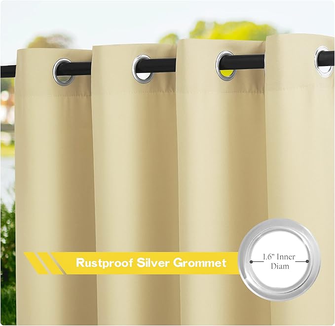 NICETOWN 2 Panels Outdoor Curtains for Patio Waterproof, Rustproof Grommet Thick Indoor Outdoor Vertical Drapes Dustproof for Porch/Pergola/Gazebo, W55 x L84 Inch, Beige