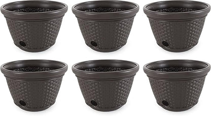 Suncast 6 Pack Decorative Wicker Garden Hose Holder Pot with 4 Drain Holes for 100 Foot Hoses, Java