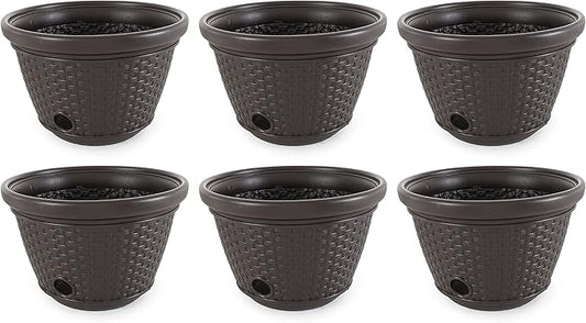Suncast 6 Pack Decorative Wicker Garden Hose Holder Pot with 4 Drain Holes for 100 Foot Hoses, Java
