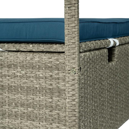 Patio Chaise Lounge,PE Rattan Outdoor Patio Wicker Adjustable Outdoor Sun Bed with Four-sided Canopy and Comfortable Blue Cushion – Versatile Use for Patio, Garden, and Poolside