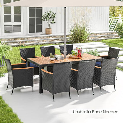 Tangkula 9 Pieces Rattan Outdoor Dining Set for 8, Outdoor Acacia Wood Table Set with 8 Cushioned Wicker Chairs, Umbrella Hole, Patio Dining Furniture Set for Deck Pool Backyard