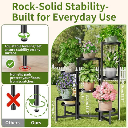 8 Tiered Plant Stand Indoor for Multiple Large Planter, Tall Heavy Duty Adjustable Folding Rack with Rustproof 7.9 Inch Wide Tray, Plant Shelf for Corner Living Room - BlackDisk