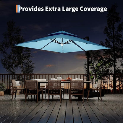 Garvee 10 ft Cantilever Patio Umbrella with Solar Lights, 360° Rotation Offset Umbrella, Easy Crank & Tilt Adjustment, UV Protection for Backyard, Poolside, Deck -Turquoise