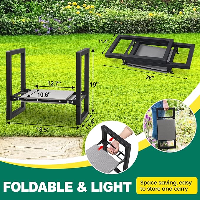 Workseat Garden Kneeler with Assist Handles, Matte Black Metal Frame
