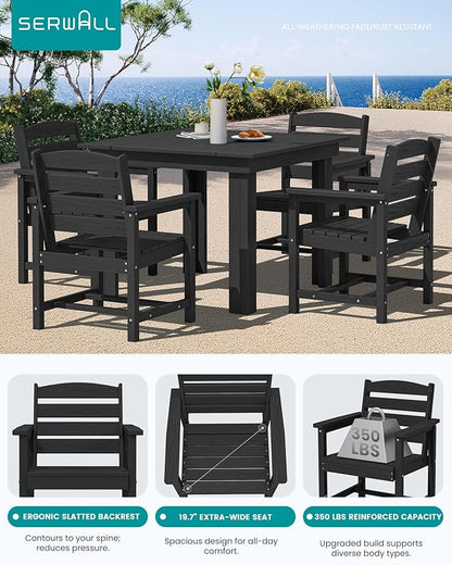 SERWALL Outdoor Dining Set for 4, HDPE Square Table and Chairs Set All Weather Patio Dining Set with 4 Classic Dining Chairs, 5-Piece Patio Dining Furniture for Deck, Black