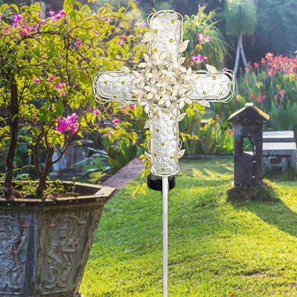 38Inch Solar Cross Garden Lights Outdoor Decorative - Solar Metal&Glass Cross White Hydrangea Flower Stake Lights- Waterproof 20 Warm White LED for Remembrance Gifts & Sympathy Gifts.