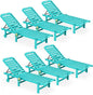 SERWALL Outdoor Chaise Lounge Set of 6, HDPE Pool Lounge Chair with 5-Position Adjustable Backrest, Patio Lounger with Rolling Wheels & Cup Holder for Pool, Aruba