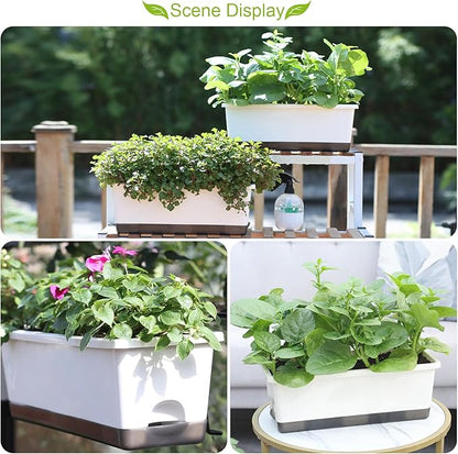 Window Box Planter 8 Pcs, 17 Inches Rectangle Flower Pots with Drainage Holes & Trays, Vegetable Planters for Windowsill Patio Garden Balcony Home Indoor Outdoor (White, 16 * 7 * 6 inch)